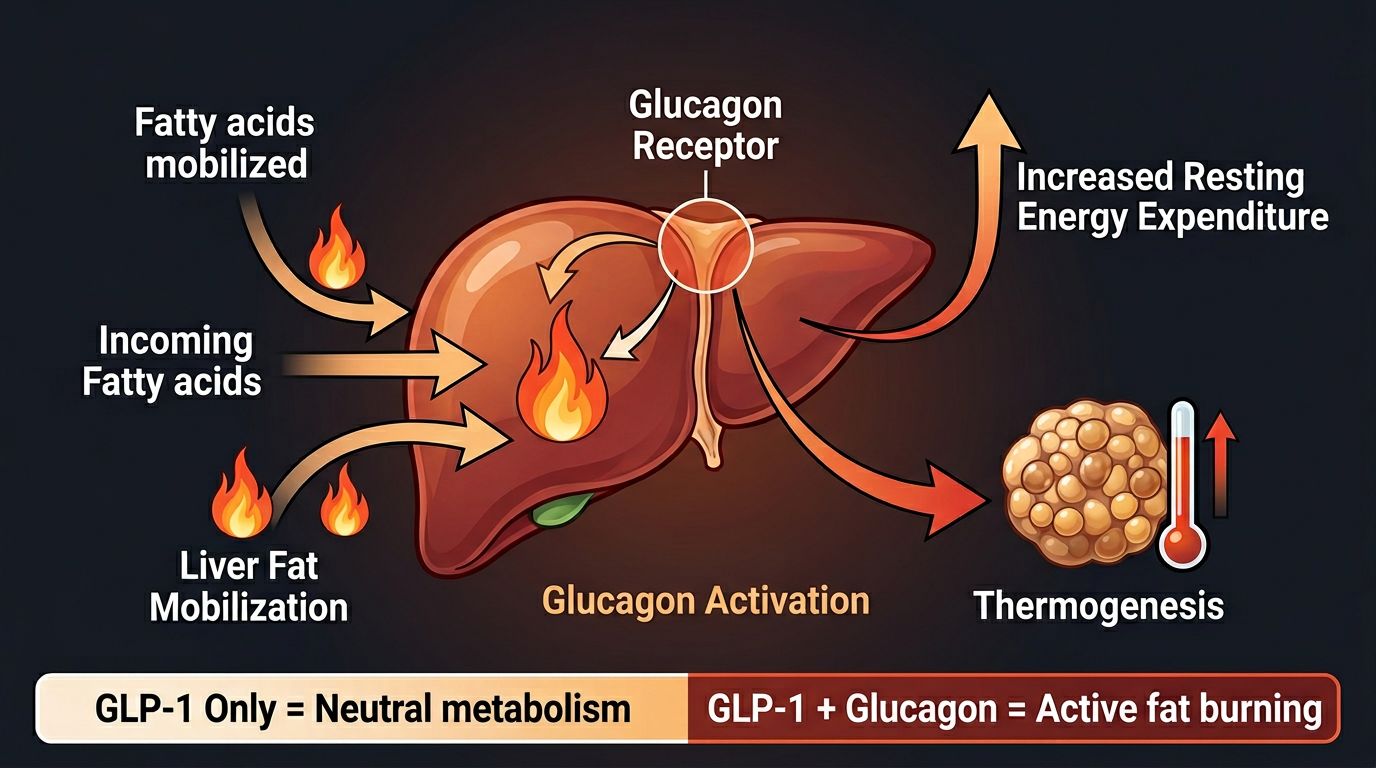 Infographic showing glucagon receptor activation increasing liver fat mobilization thermogenesis and resting energy expenditure