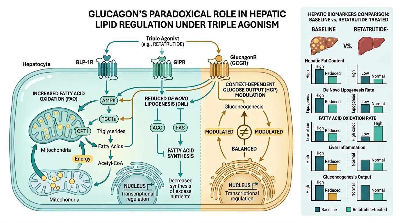 Glucagon paradox in hepatic lipid regulation under retatrutide triple agonism showing reduced de novo lipogenesis and increased fatty acid oxidation