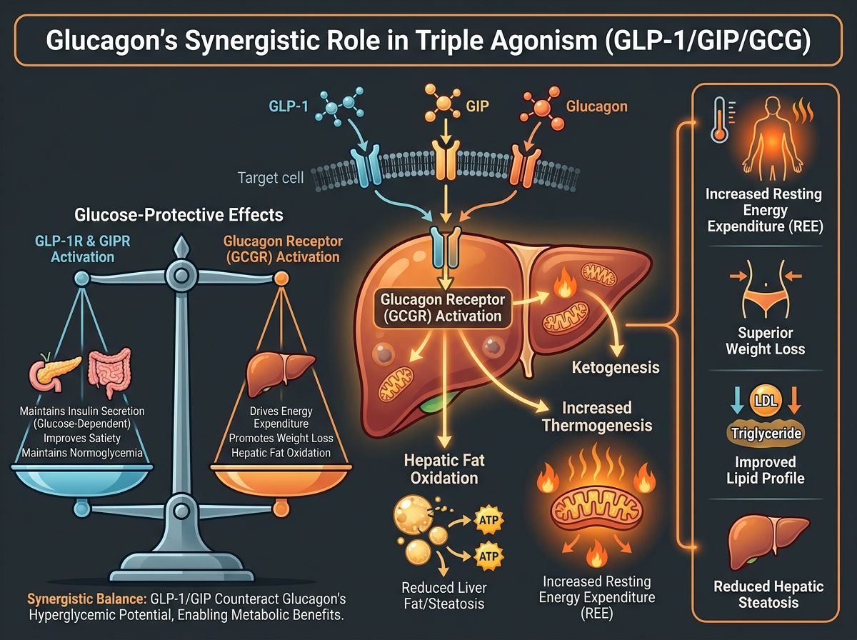 Infographic showing glucagon synergistic role in triple agonism with liver diagram, balanced scale of glucose-protective effects, and energy expenditure outcomes