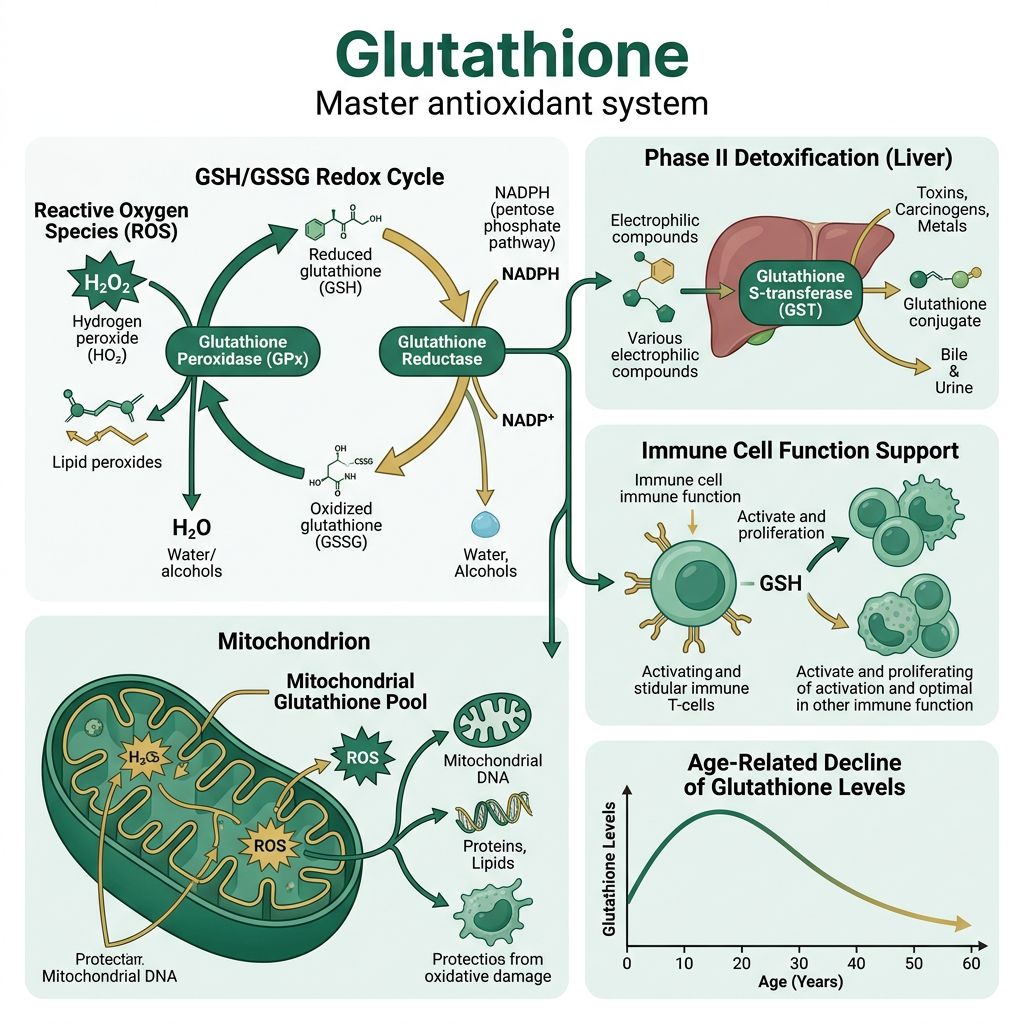 Glutathione master antioxidant system infographic showing GSH/GSSG redox cycling, Phase II liver detoxification via glutathione S-transferase, mitochondrial glutathione pool, immune cell function support, and age-related decline