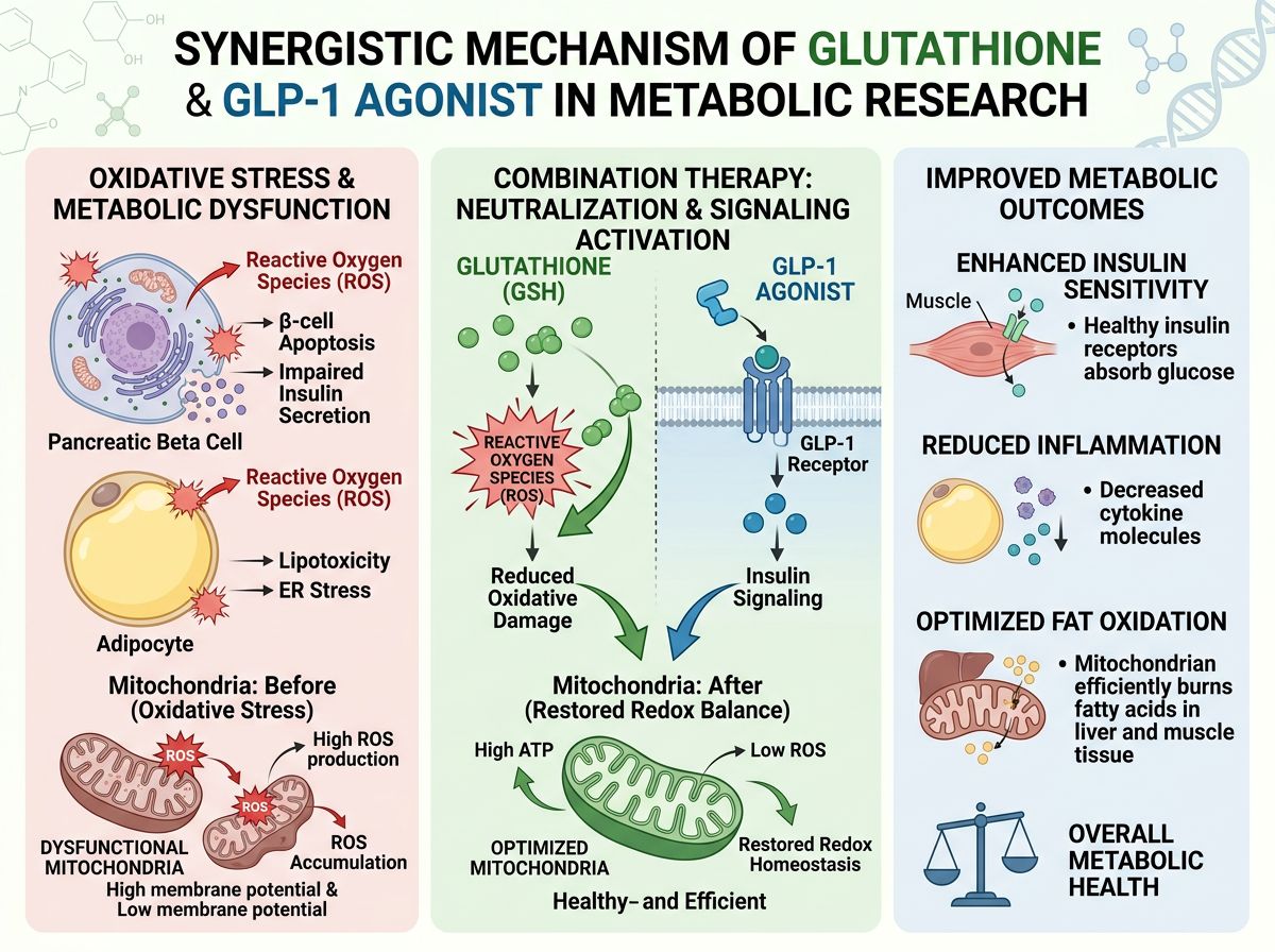 Infographic showing synergistic mechanism of glutathione and GLP-1 agonists in oxidative stress reduction and metabolic outcomes