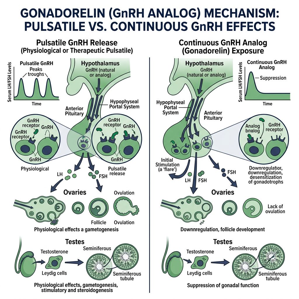 Gonadorelin GnRH analog mechanism infographic showing pulsatile vs continuous GnRH effects on anterior pituitary, LH and FSH release, and downstream gonadal function in ovaries and testes