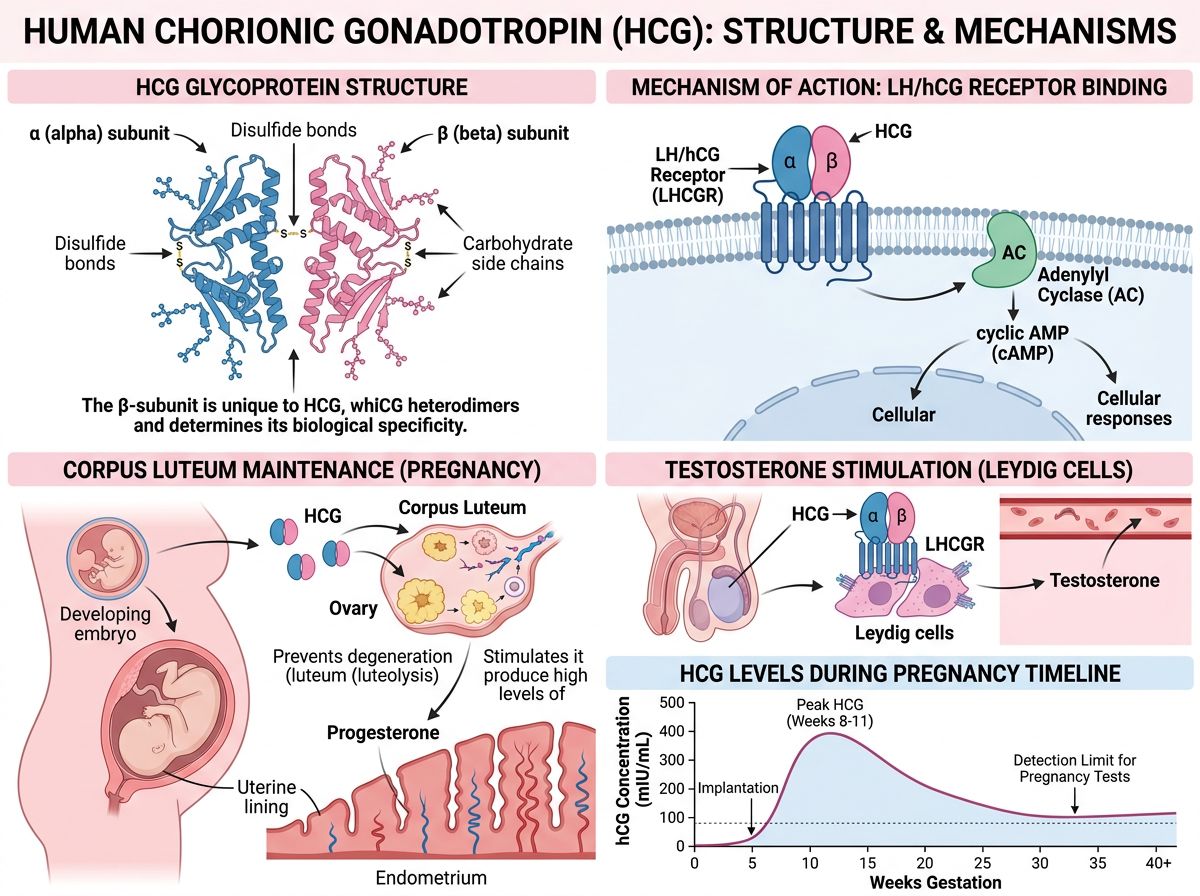 HCG gonadotropin infographic showing alpha-beta glycoprotein structure, LH/hCG receptor signaling, corpus luteum maintenance during pregnancy, and testosterone stimulation pathways