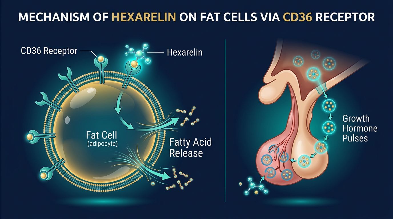 Infographic showing the mechanism of Hexarelin on fat cells via CD36 receptor, illustrating fatty acid release from adipocytes and growth hormone pulses from the pituitary gland