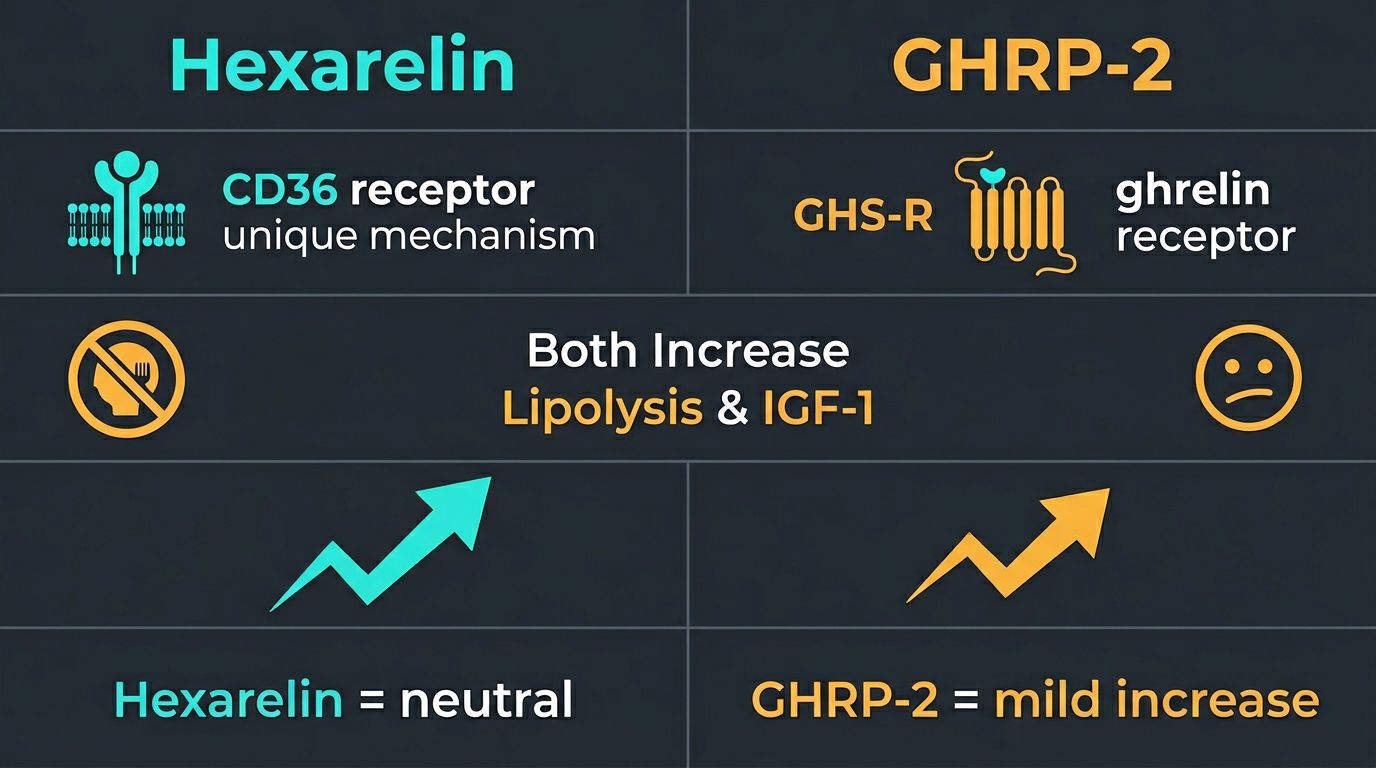 Side-by-side comparison infographic of Hexarelin vs GHRP-2 showing CD36 receptor vs ghrelin receptor mechanisms, appetite effects, and lipolysis benefits