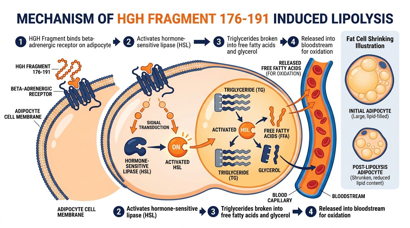 HGH Fragment 176-191 lipolysis mechanism showing hormone-sensitive lipase activation and triglyceride breakdown