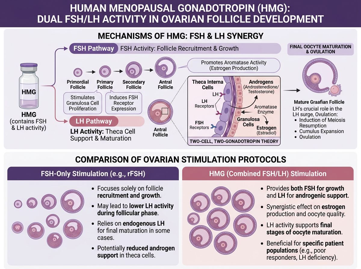 HMG fertility infographic showing dual FSH and LH activity, ovarian follicle development stages, two-cell two-gonadotropin model, and final oocyte maturation