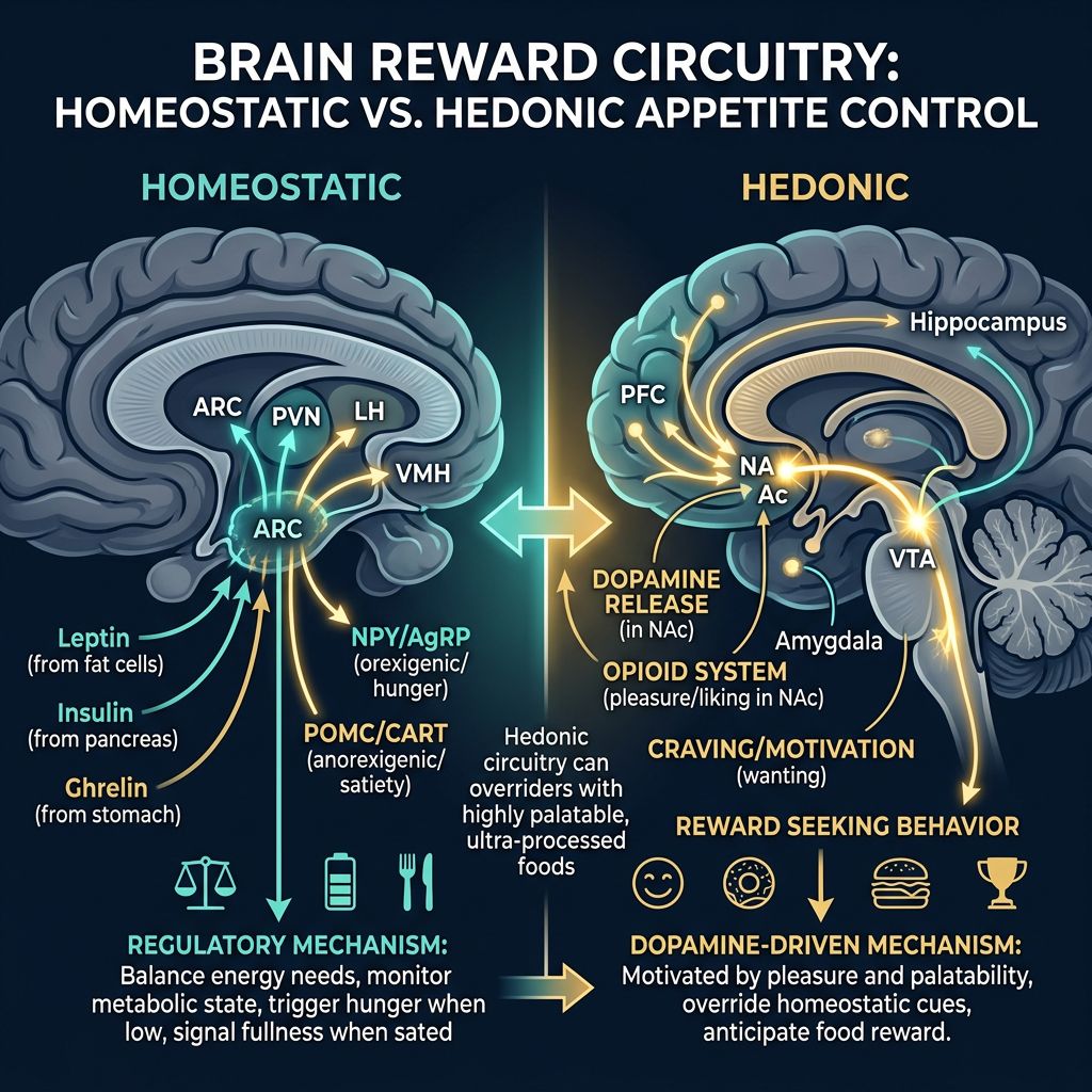 Brain reward circuitry comparing homeostatic appetite regulation in the hypothalamus versus hedonic dopamine-driven food seeking in the nucleus accumbens