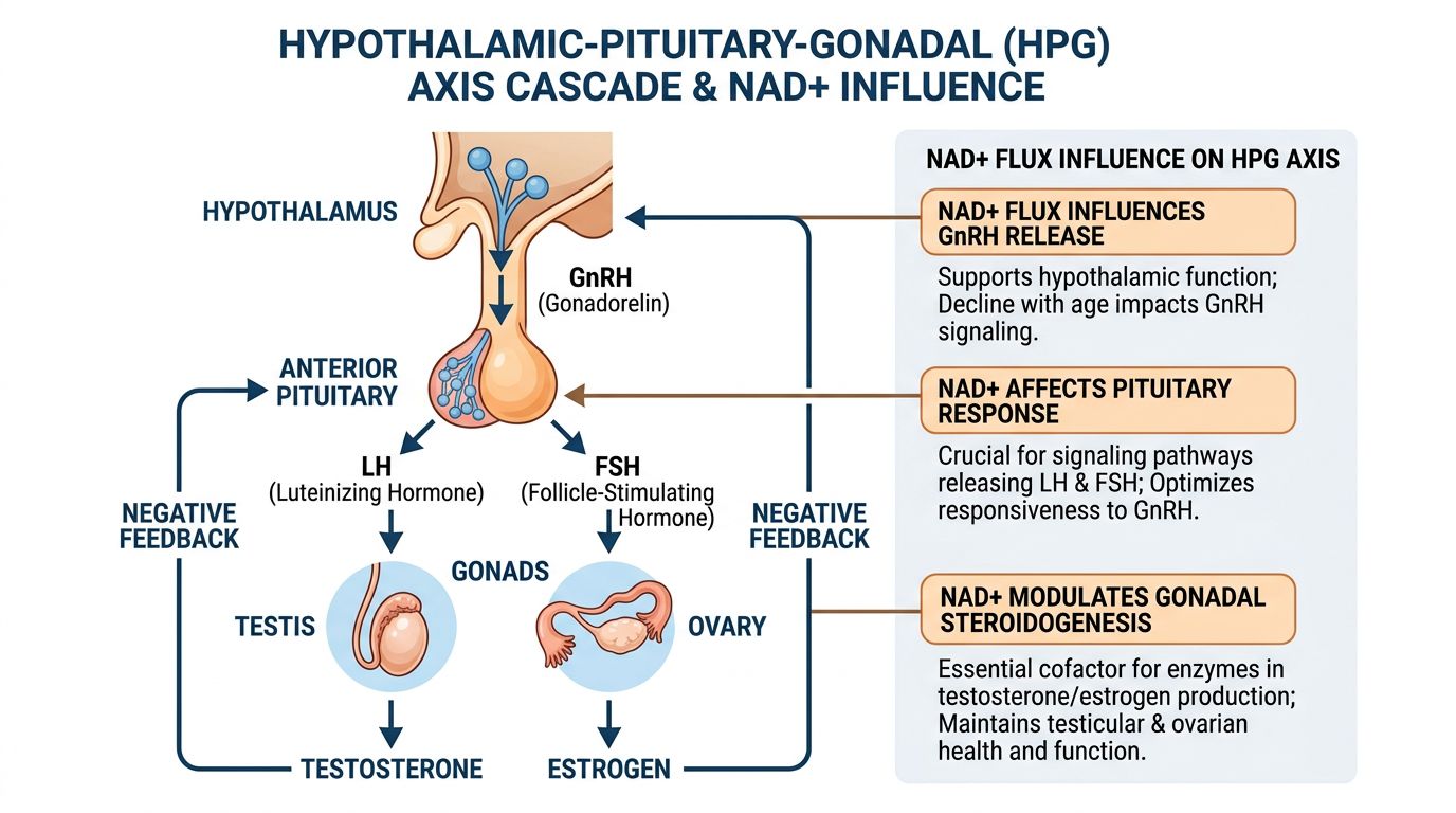 Hypothalamic-pituitary-gonadal axis cascade showing GnRH, LH/FSH, gonadal hormones, and NAD+ flux influence