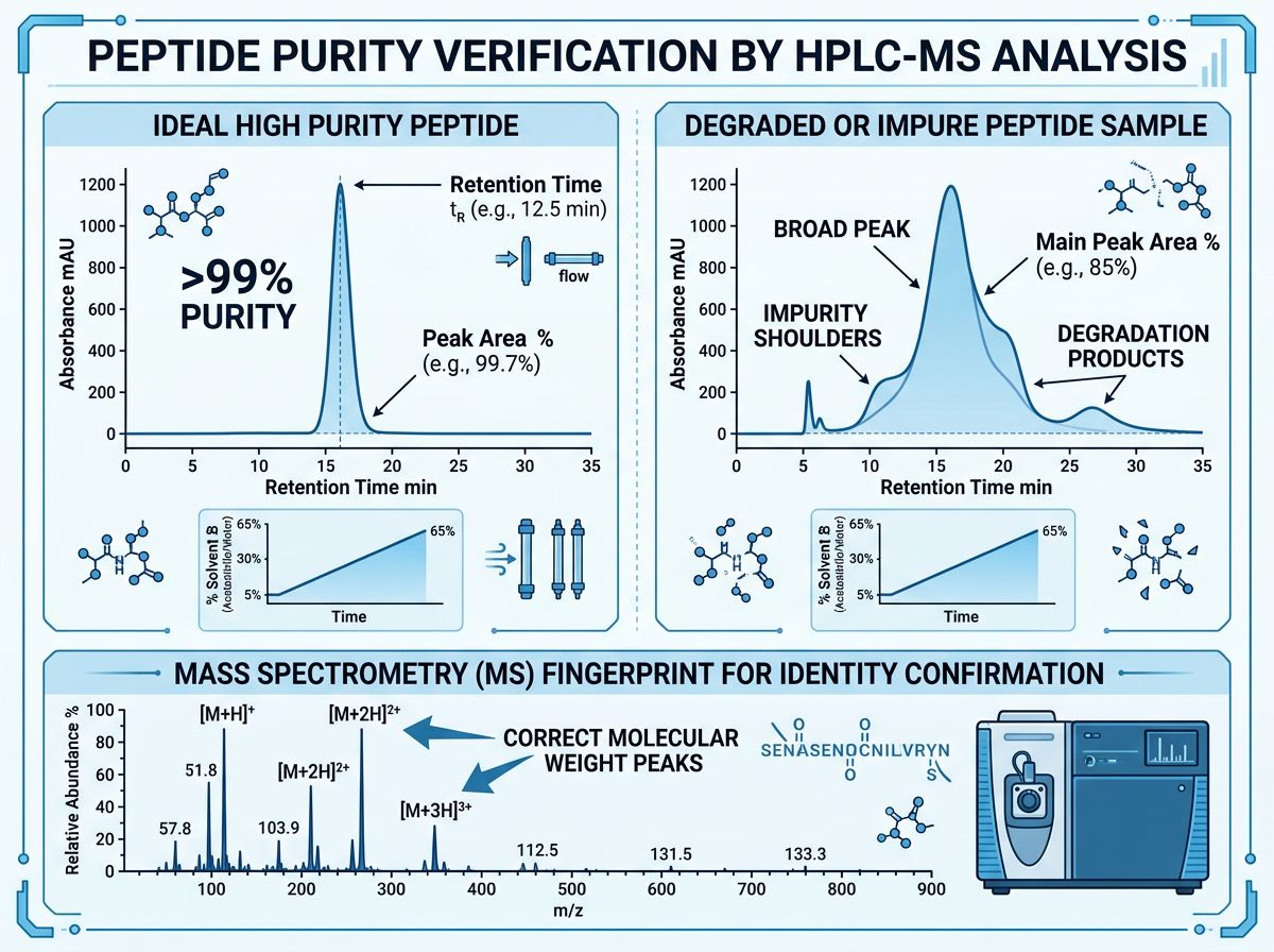 HPLC-MS analysis infographic showing ideal sharp peak chromatogram vs degraded broad peak, with mass spectrometry fingerprint for molecular weight confirmation