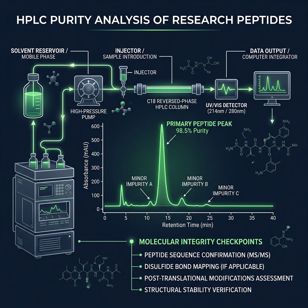 HPLC purity analysis system diagram with chromatogram showing primary peptide peak at 98.5% purity and minor impurity peaks
