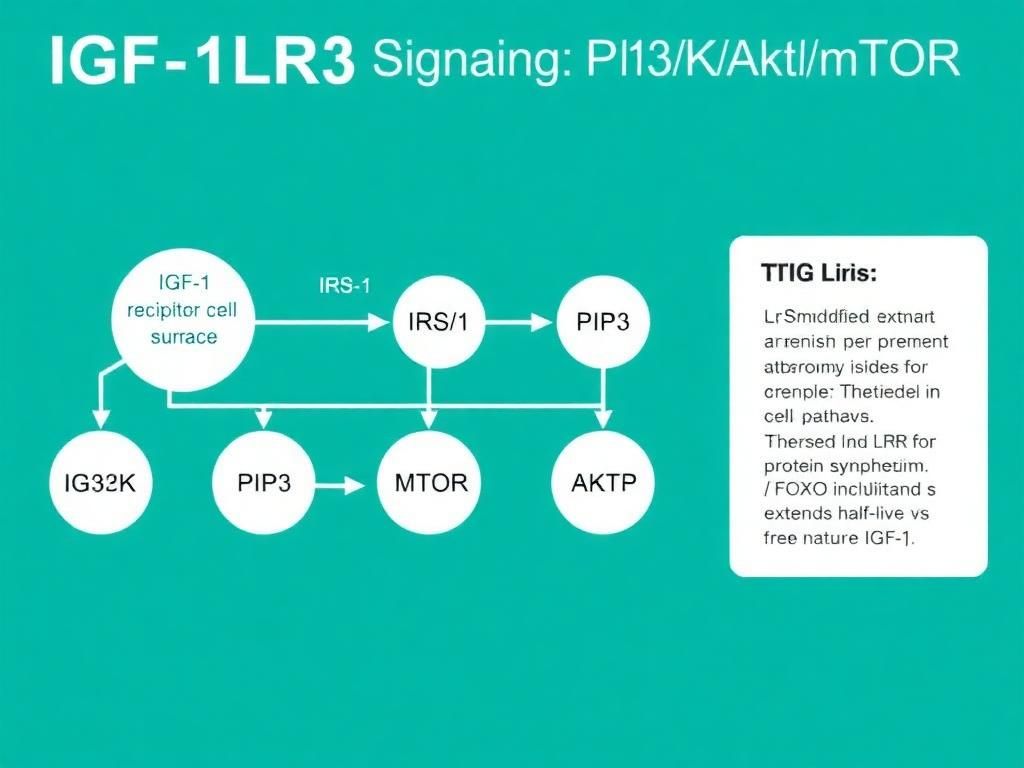 IGF-1LR3 signaling pathway showing receptor binding through PI3K Akt mTOR cascade for protein synthesis