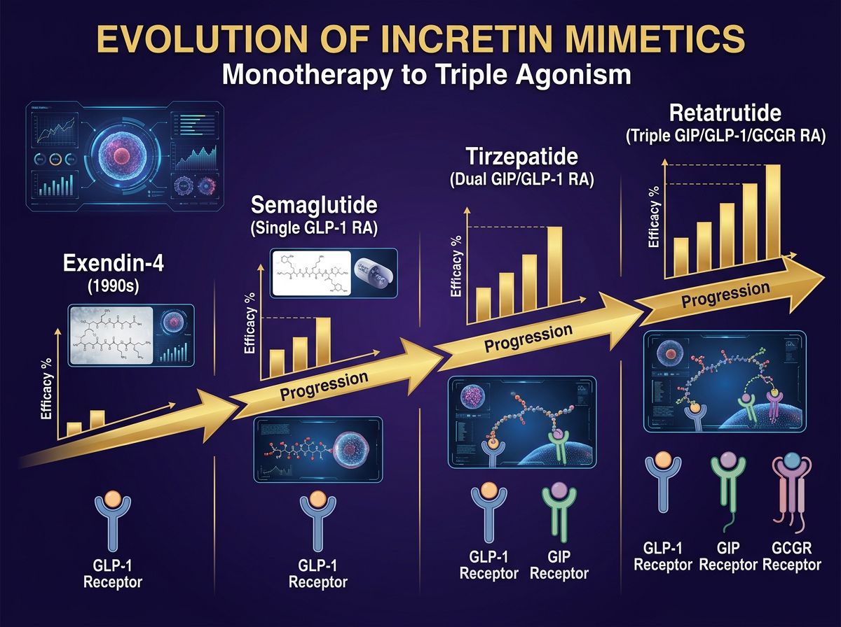 Timeline infographic showing the evolution of incretin mimetics from Exendin-4 to Semaglutide to Tirzepatide to <a href=