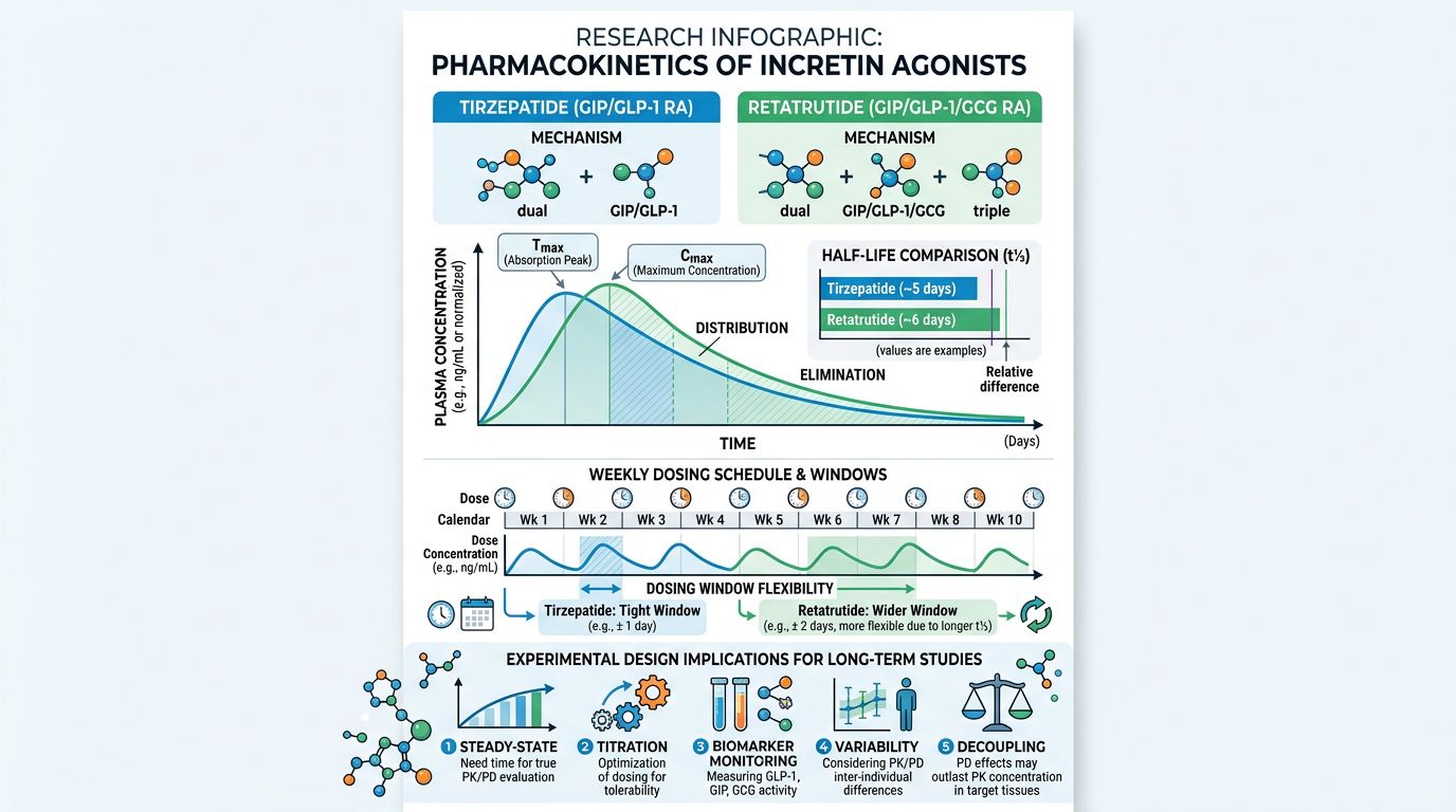 Pharmacokinetics infographic for incretin agonists showing concentration-time curves, half-life comparison, dosing windows, and long-term study implications