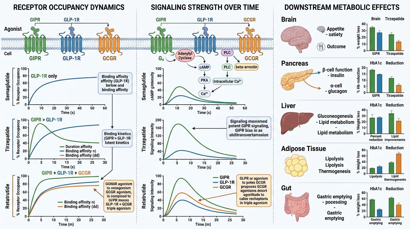 Pharmacological mechanism comparison of incretin agonists with receptor occupancy dynamics, signaling strength, and downstream metabolic effects