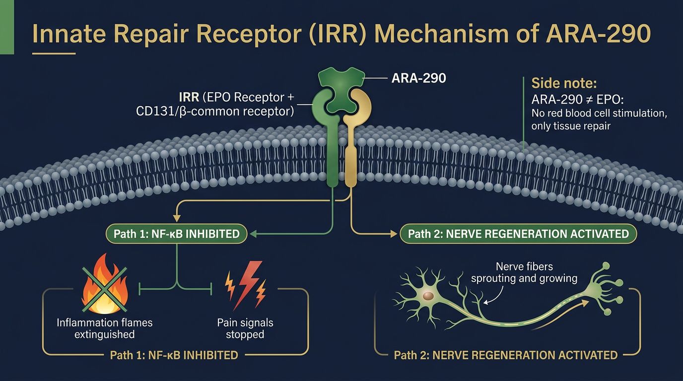 Innate Repair Receptor pathway infographic showing ARA-290 reducing NF-kB inflammation and activating nerve regeneration