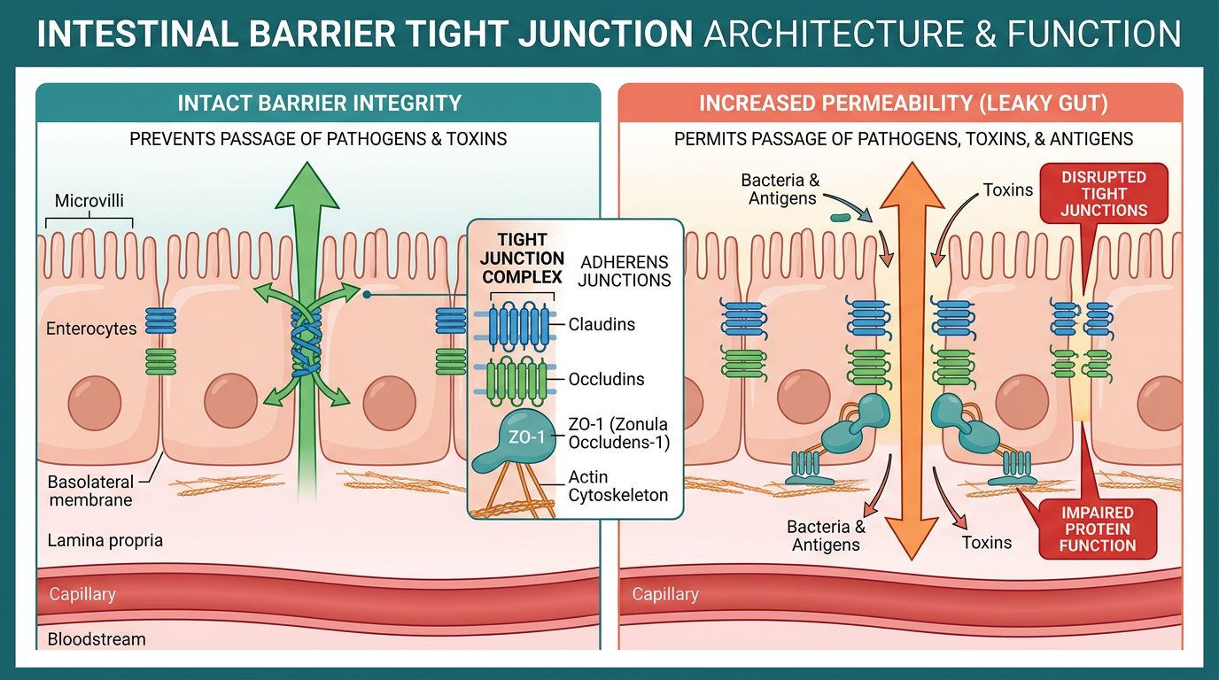 Intestinal barrier tight junction architecture showing ZO-1 and Occludin proteins sealing epithelial cells