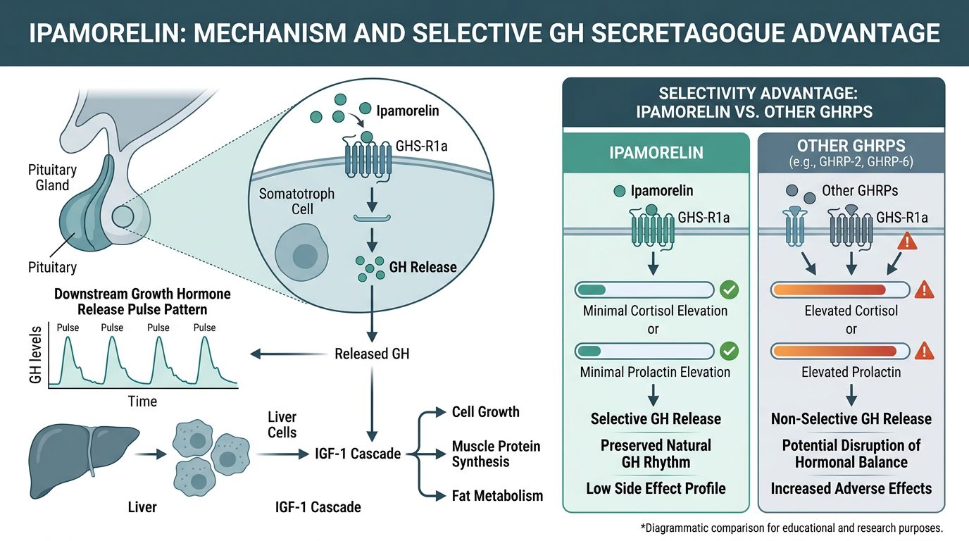 Ipamorelin selective GH secretagogue mechanism infographic showing GHS-R1a receptor binding, pulsatile GH release, and selectivity advantage over other GHRPs