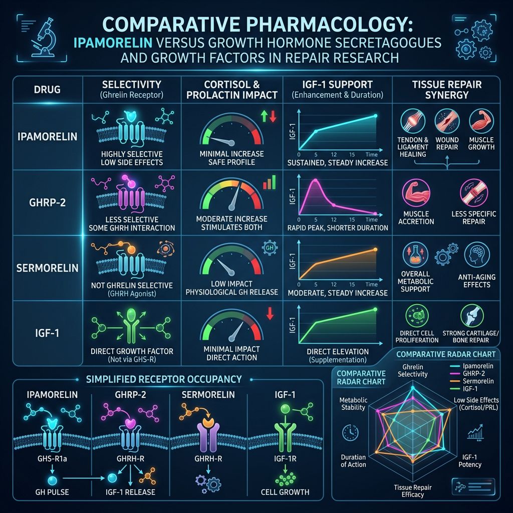 Comparative pharmacology infographic of ipamorelin versus growth hormone secretagogues and growth factors in tissue repair research