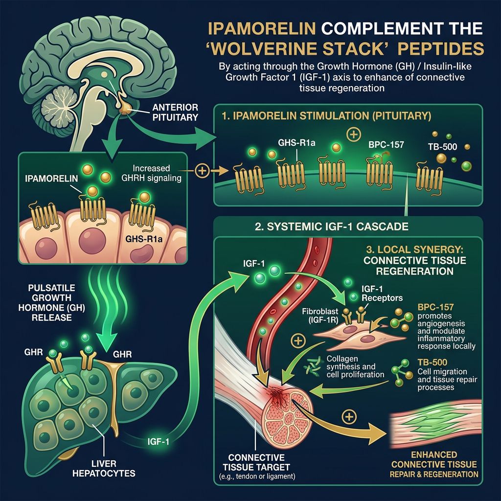 Ipamorelin GH-IGF-1 axis infographic showing systemic signaling complementing local BPC-157 and TB-500 tissue repair