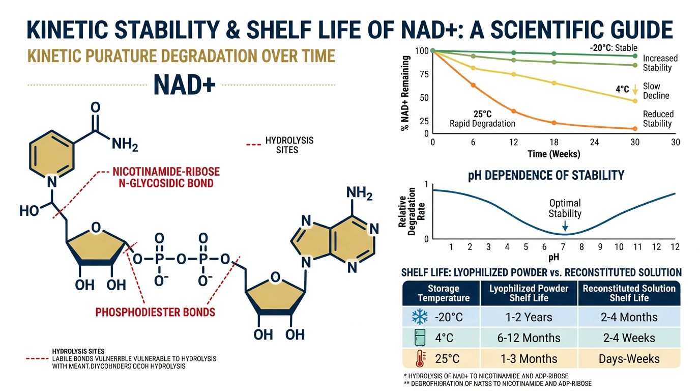 Scientific diagram showing NAD+ molecular structure with hydrolysis-vulnerable bonds and stability curves at different storage temperatures