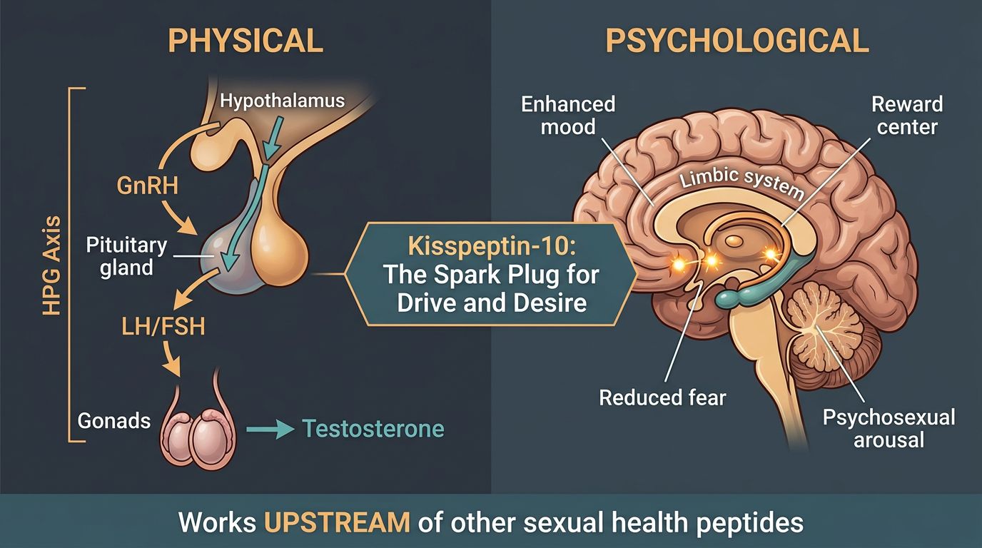 Infographic showing Kisspeptin effects on HPG axis hormone release and limbic mood reward pathways
