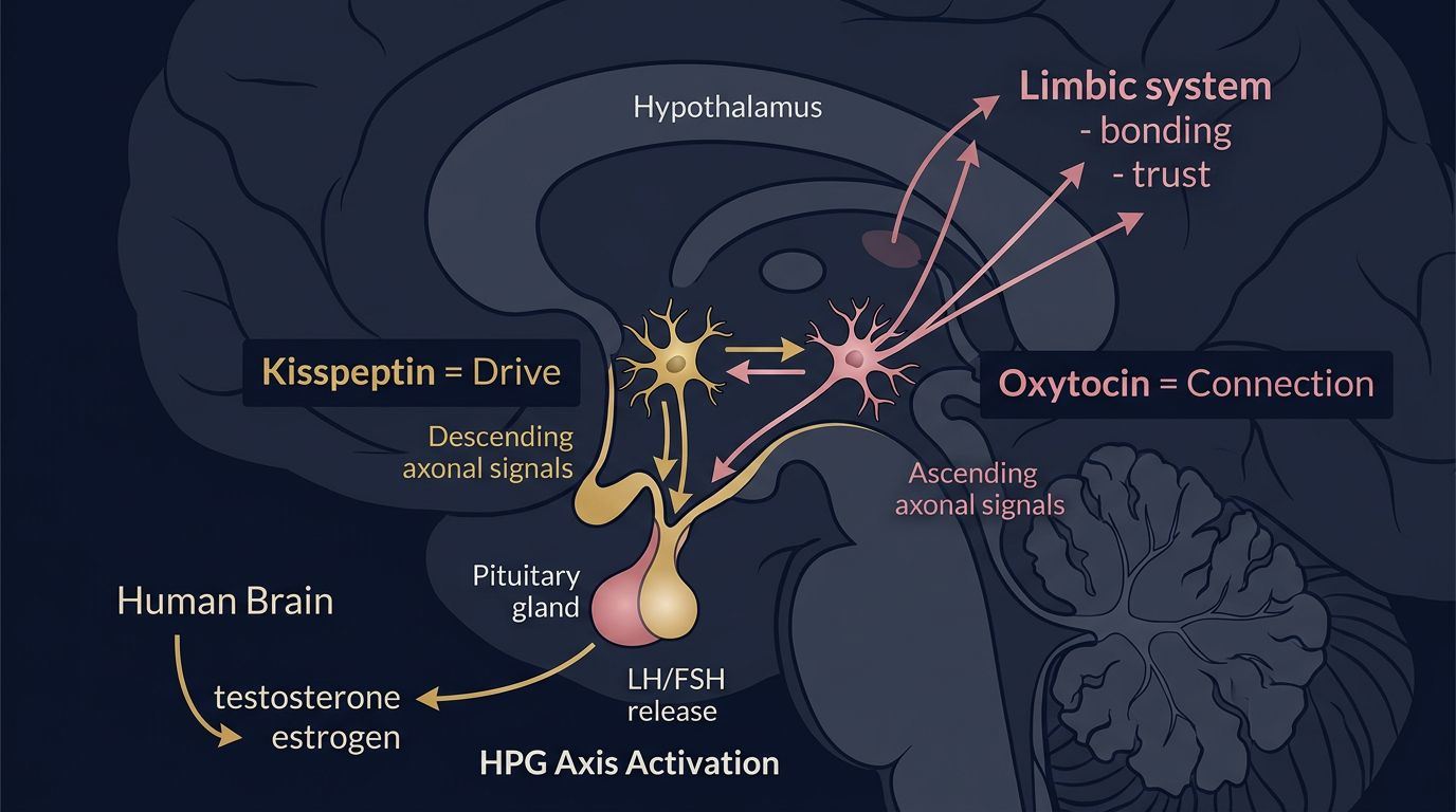 Neuroendocrine crosstalk diagram showing Kisspeptin and Oxytocin signaling interplay in the brain and HPG axis