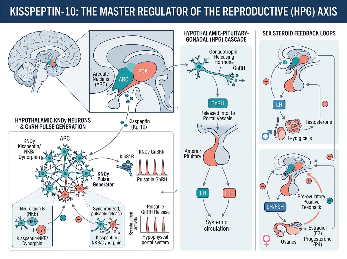 Kisspeptin-10 reproductive axis infographic showing hypothalamic KNDy neurons, GnRH pulse generation, hypothalamic-pituitary-gonadal cascade, and sex steroid feedback loops