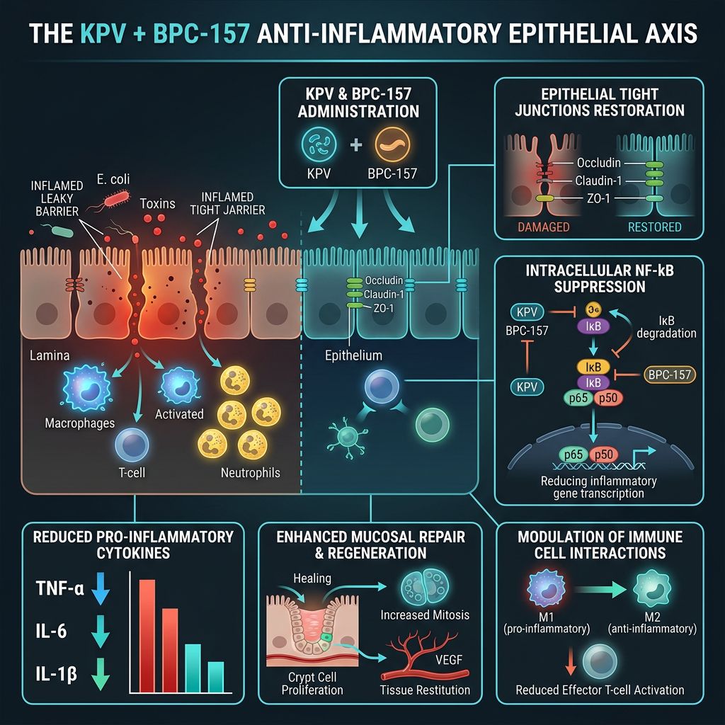 KPV and BPC-157 anti-inflammatory epithelial axis infographic with NF-kB suppression and barrier restoration