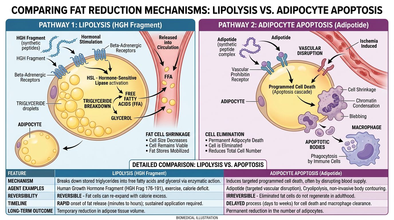 Lipolysis versus adipocyte apoptosis comparison showing HGH Fragment shrinking fat cells vs Adipotide killing them