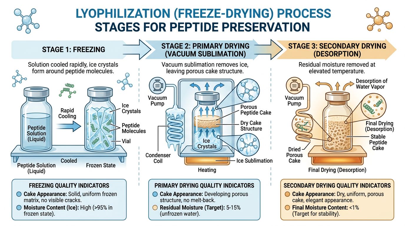 Three-stage diagram showing the lyophilization process: freezing, primary drying via vacuum sublimation, and secondary drying