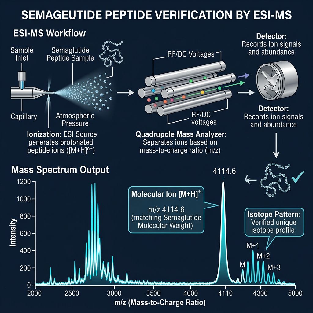 MALDI-TOF mass spectrometry workflow for peptide identity verification showing sample preparation through spectrum analysis