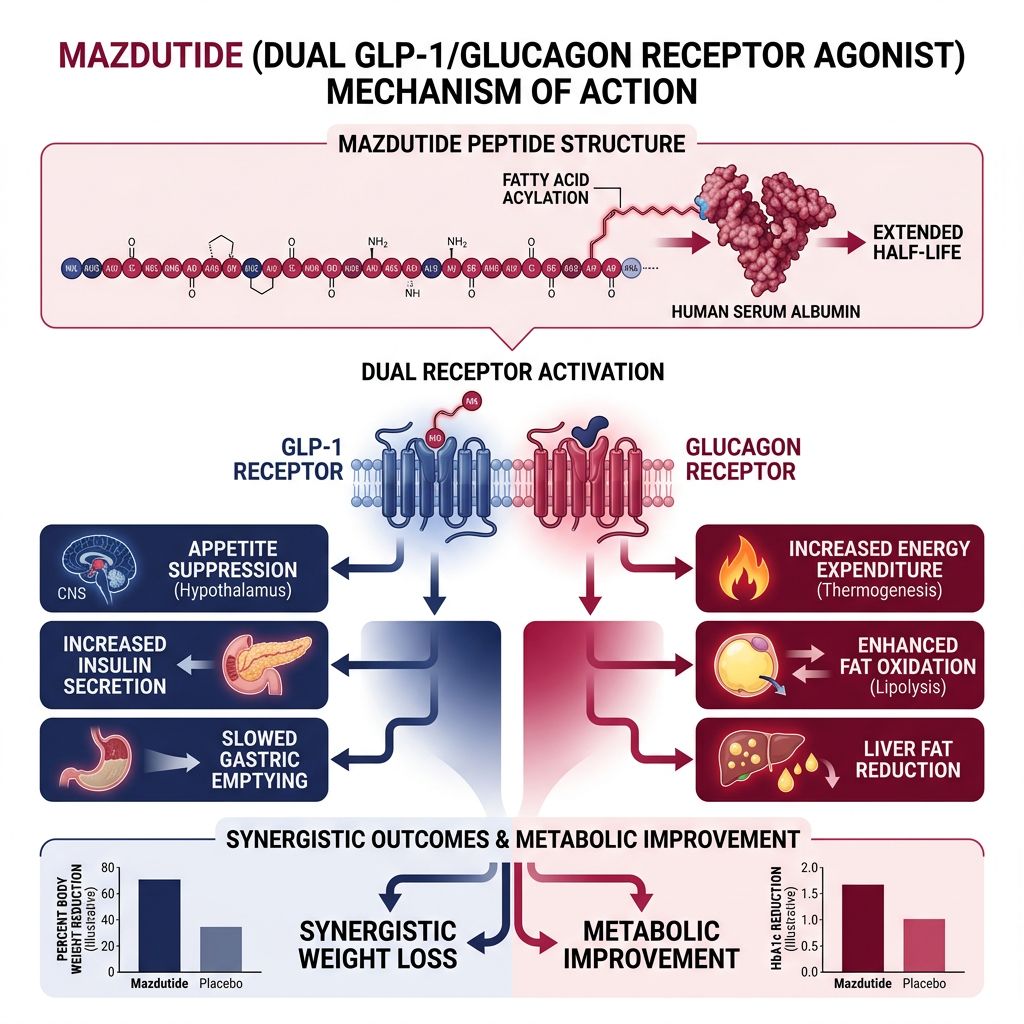 Mazdutide dual GLP-1/Glucagon receptor agonist mechanism infographic showing fatty acid acylation for albumin binding, dual receptor activation with GLP-1 and glucagon effects, and synergistic weight loss outcomes