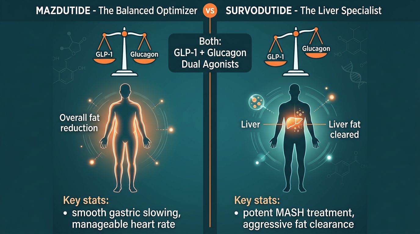 Comparison infographic of Mazdutide and Survodutide dual agonist profiles for total fat loss versus liver-focused effects