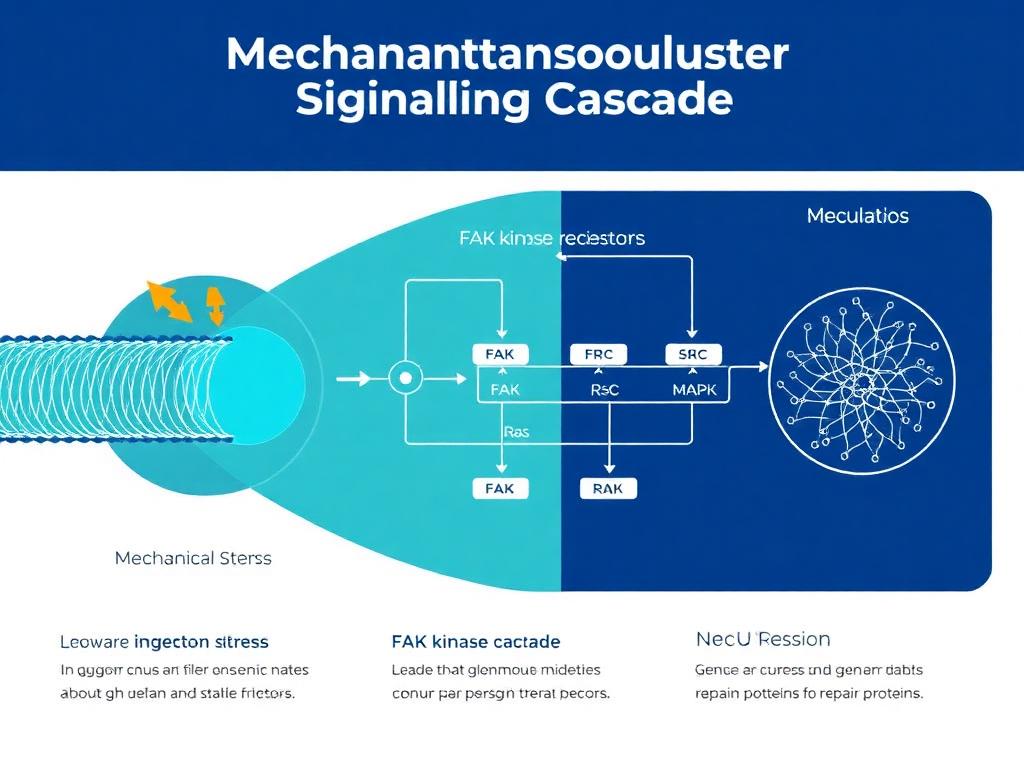 Mechanotransduction signaling cascade showing mechanical stress converting to biochemical signals via FAK kinase pathway