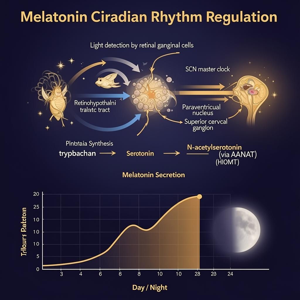 Melatonin circadian rhythm regulation infographic showing light detection pathway from retinal ganglion cells through SCN master clock to pineal gland synthesis, with biosynthesis from tryptophan and 24-hour secretion curve
