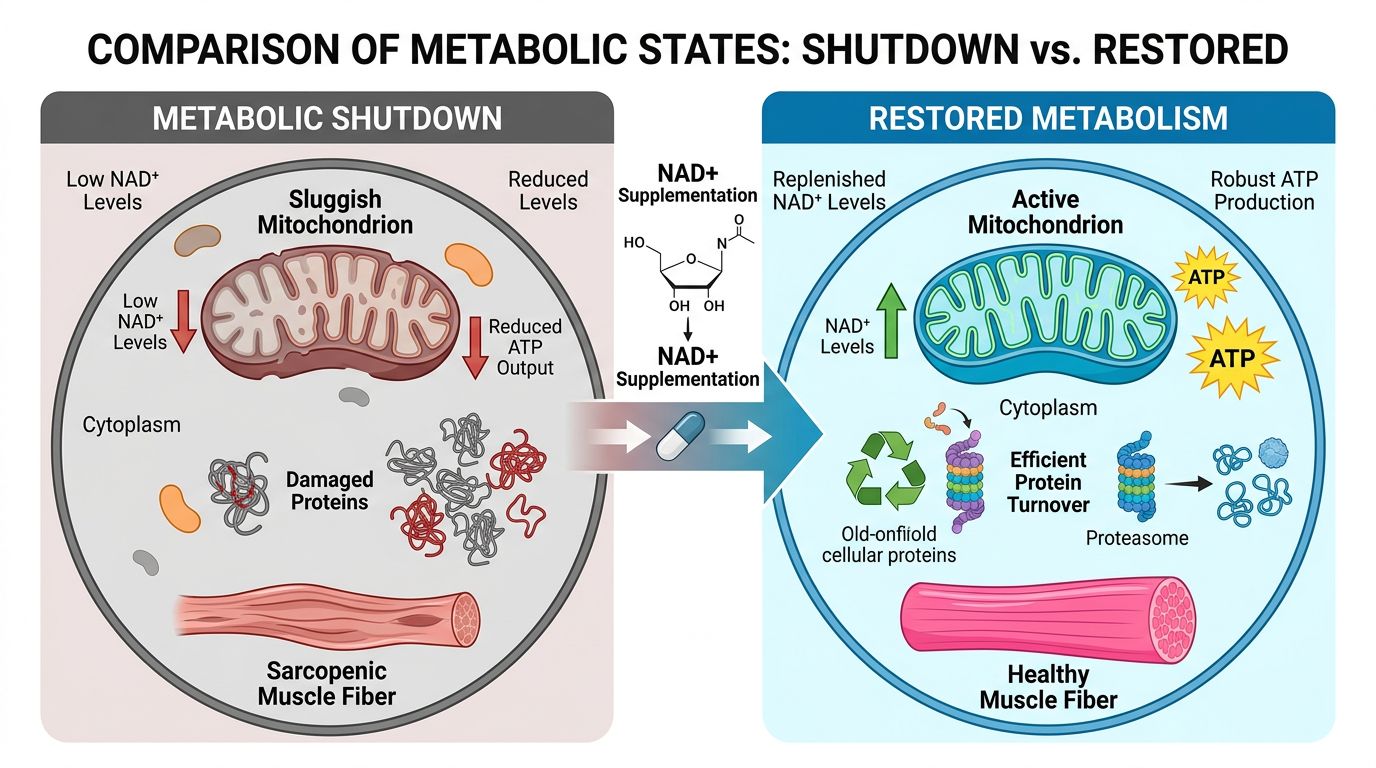 Comparison of metabolic shutdown versus restored metabolism with NAD+ repletion, mitochondrial function, and ATP output
