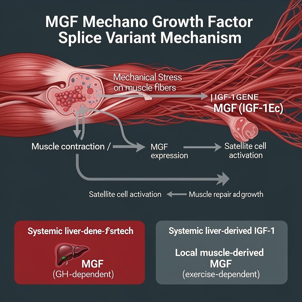 MGF Mechano Growth Factor splice variant infographic showing mechanical stress triggering IGF-1 gene alternative splicing to MGF (IGF-1Ec), satellite cell activation, and comparison of liver-derived systemic IGF-1 vs local muscle-derived MGF
