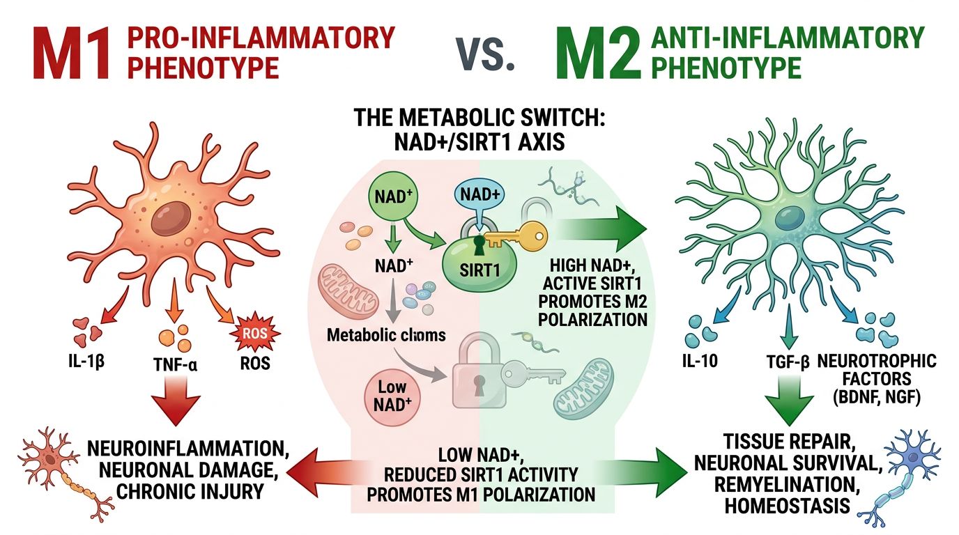 Microglial M1 versus M2 polarization states and the NAD+/SIRT1 axis as a metabolic switch