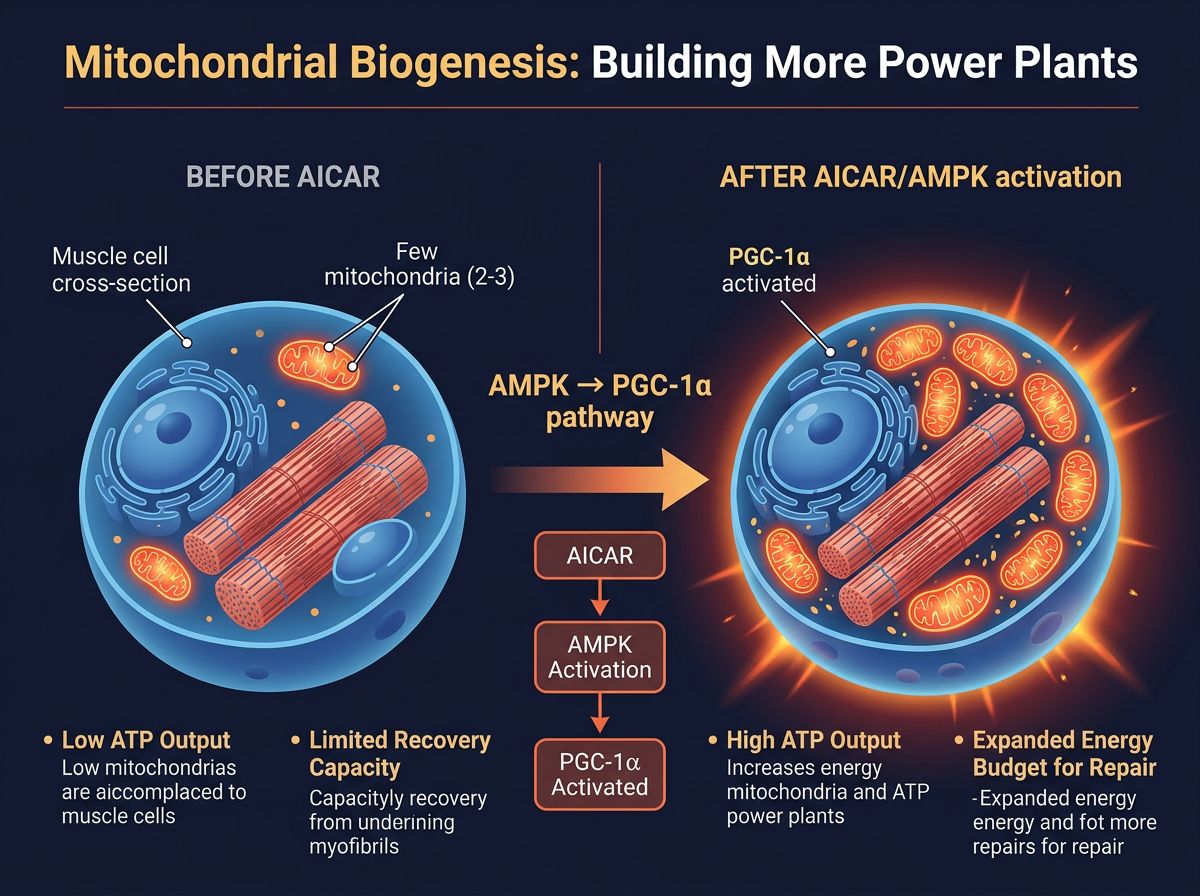 Infographic of AICAR-driven AMPK activation increasing PGC-1alpha and mitochondrial density