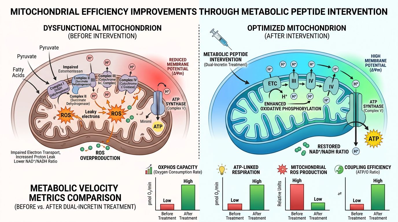 Mitochondrial efficiency improvements through metabolic peptide intervention showing dysfunctional mitochondria with ROS overproduction vs optimized mitochondria with restored <a href=