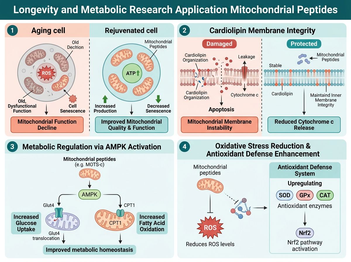 Four-panel infographic showing longevity and metabolic research applications of mitochondrial peptides including aging cell rejuvenation, cardiolipin integrity, AMPK activation, and ROS reduction