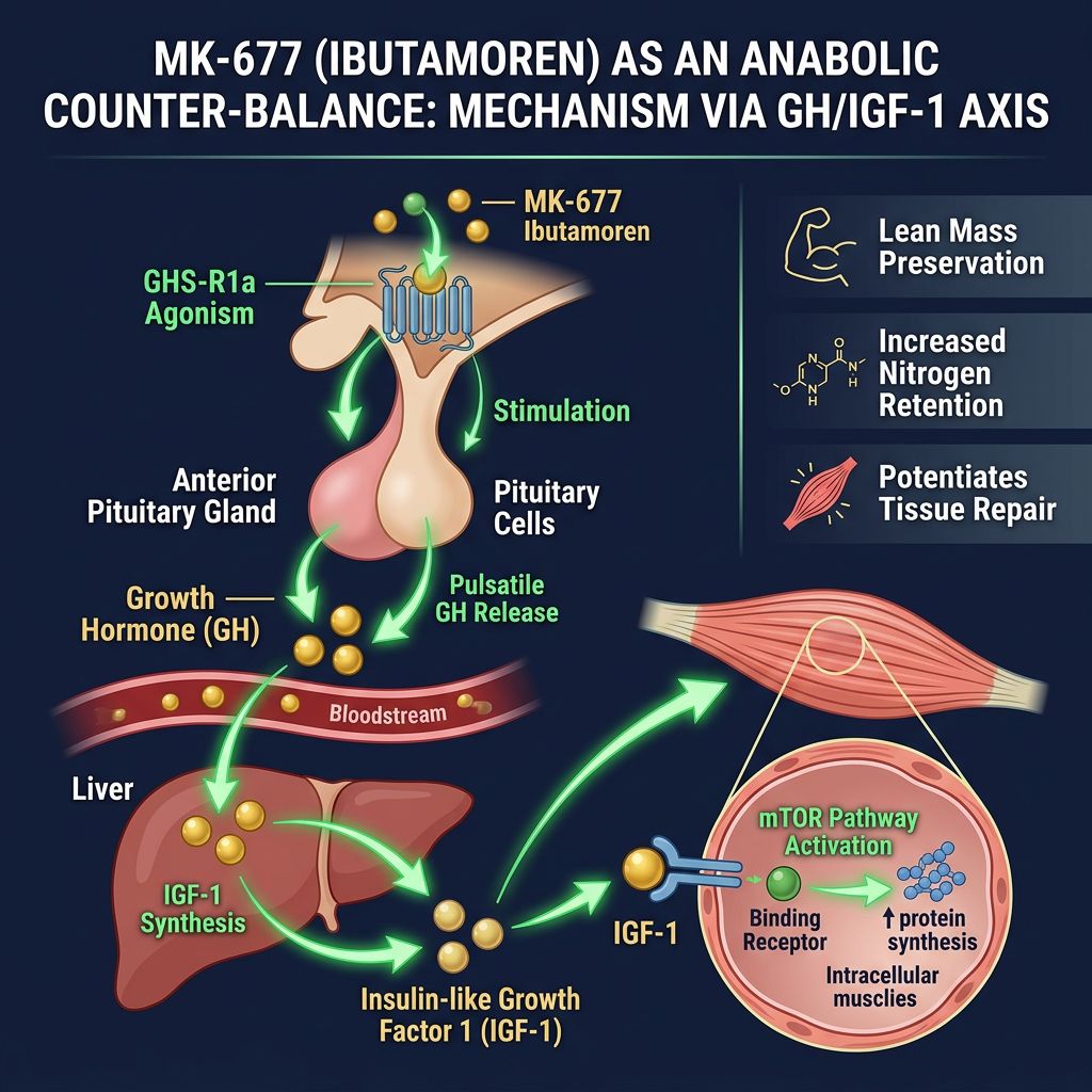 MK-677 mechanism via GHS-R1a receptor activating pituitary GH release, liver IGF-1 synthesis, and mTOR muscle protein synthesis