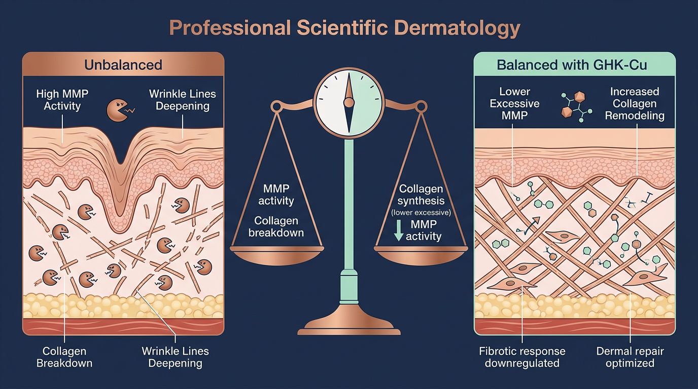 Infographic showing matrix metalloproteinase activity versus collagen remodeling balance in skin with GHK-Cu support
