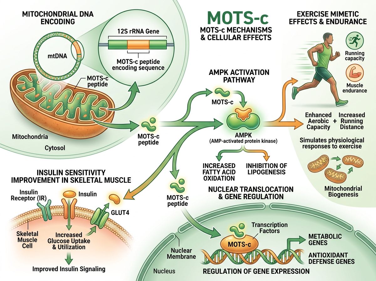 MOTS-c mitochondrial peptide infographic showing mtDNA 12S rRNA encoding, AMPK activation, insulin sensitivity improvement, exercise mimetic effects, and nuclear gene regulation