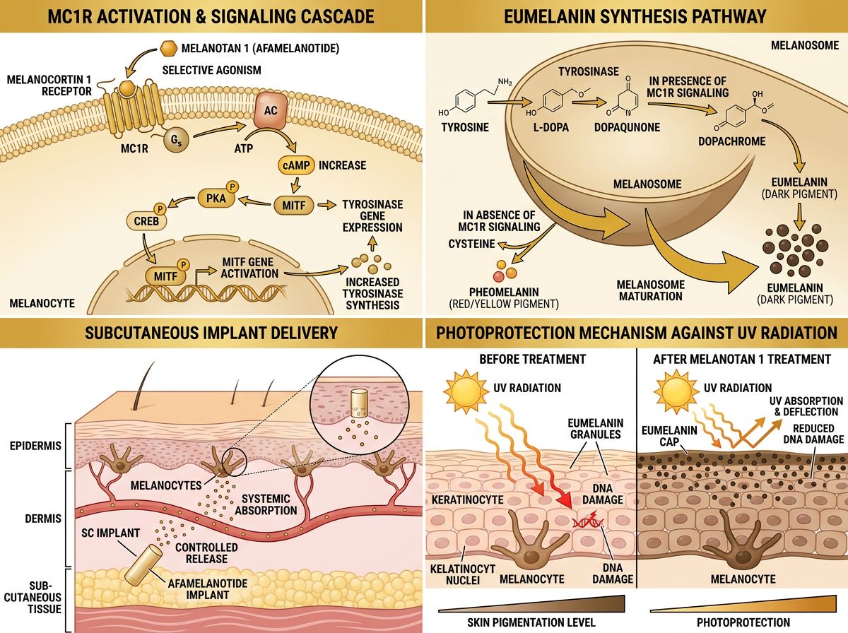 Melanotan 1 afamelanotide MC1R activation infographic showing cAMP-PKA-MITF signaling cascade, eumelanin synthesis pathway, subcutaneous implant delivery, and UV photoprotection mechanism