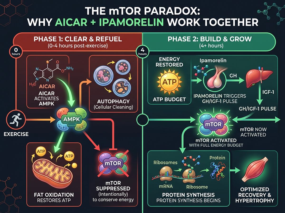 Two-phase timeline showing AMPK recovery phase followed by GH-IGF1-mTOR growth phase