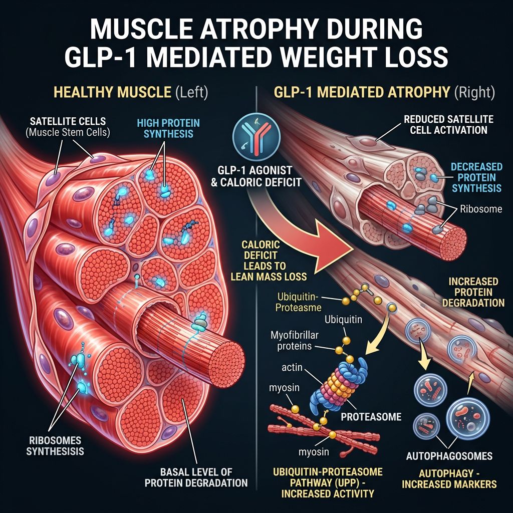 Comparison of healthy muscle fibers versus GLP-1 mediated muscle atrophy showing ubiquitin-proteasome pathway