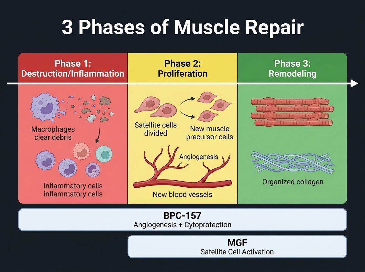 Infographic showing the 3 phases of muscle repair with BPC-157 and MGF roles in each phase