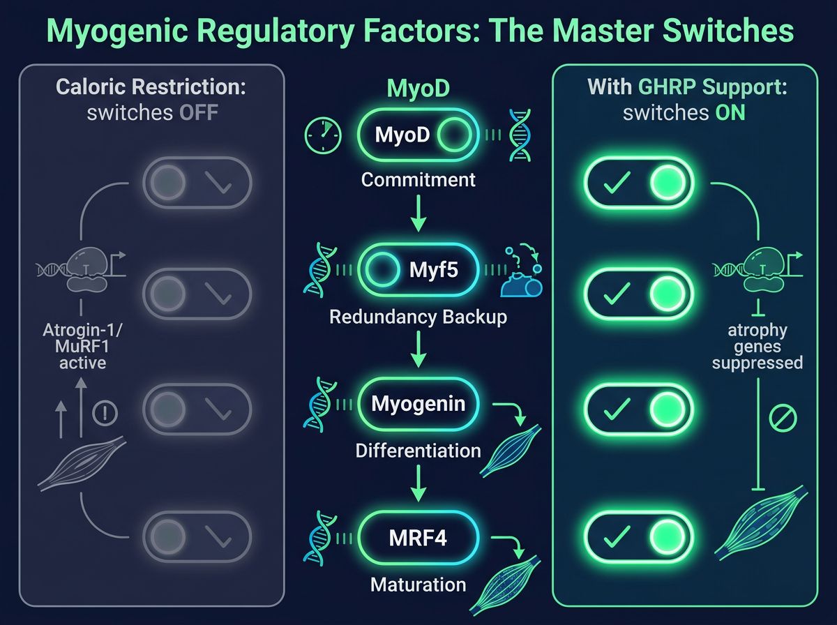 Infographic showing MyoD, Myf5, Myogenin, and MRF4 as master switches for muscle preservation